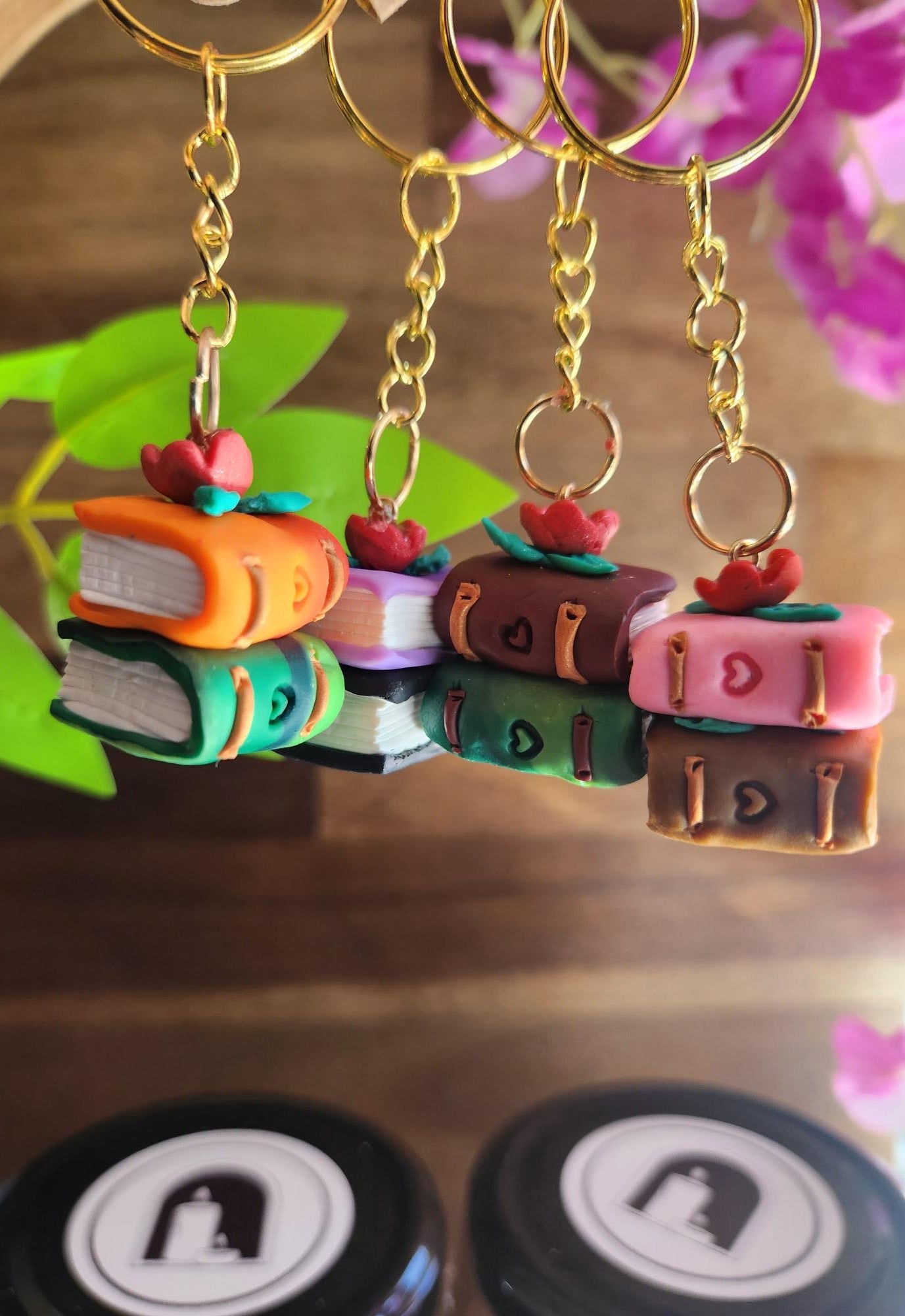Handmade polymer clay bookstack keychain. Bookish gifts. The candle shelf. NZ. 