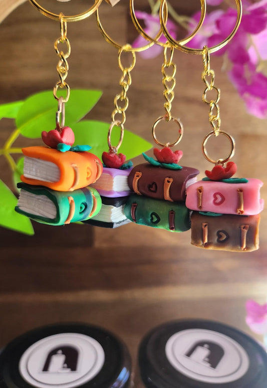 Handmade polymer clay bookstack keychain. Bookish gifts. The candle shelf. NZ. 